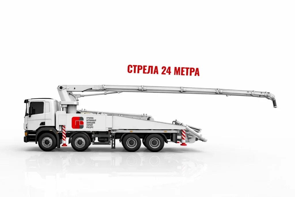 Автобетононасос со стрелой 24 м для подачи бетона на строительном объекте в Кашире